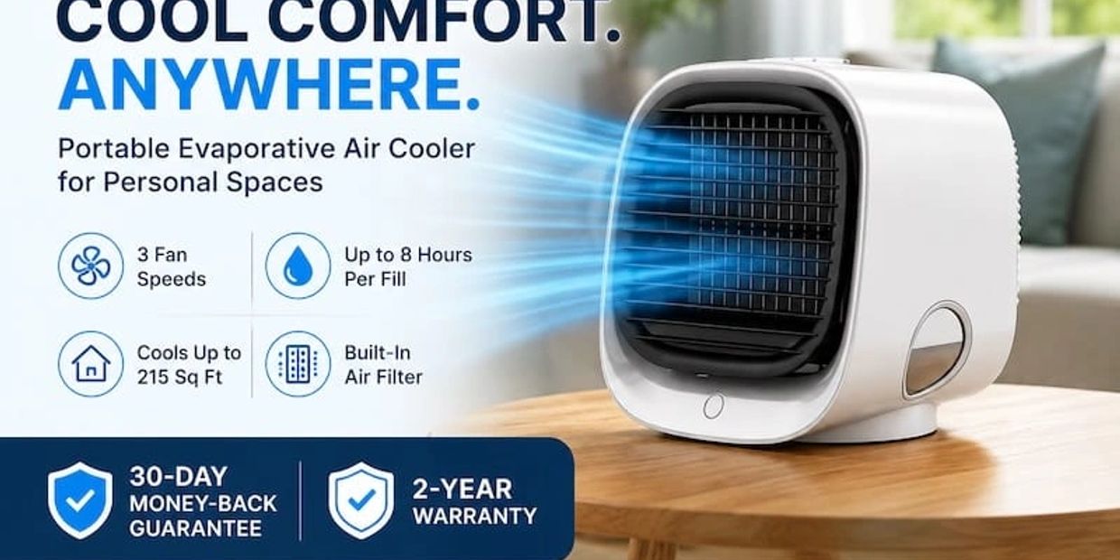 Portable evaporative air cooler for personal spaces with 3 fan speeds and 8 hours usage.