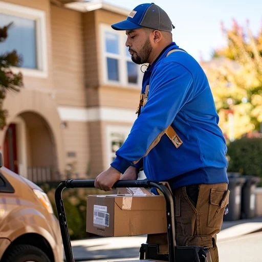 Delivery worker moving a package on a hand truck outside a residential area.