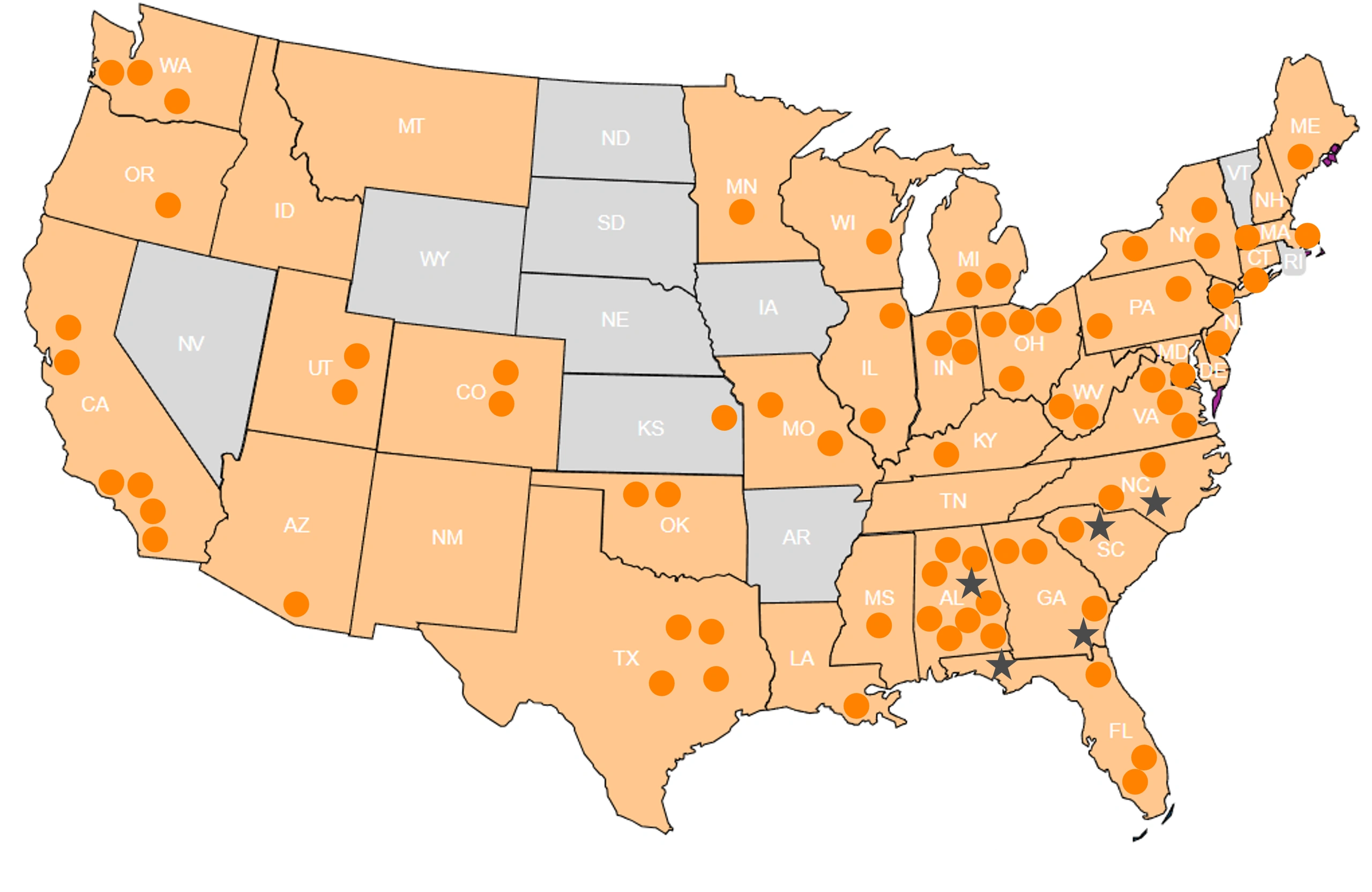Map of the U.S. highlighting active projects represented by orange dots in approximately 35 states.
