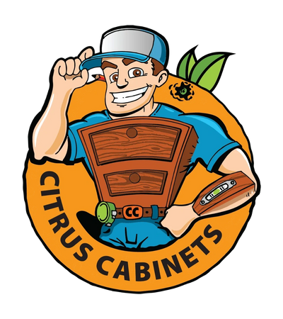 Citrus Cabinets logo: showing cabinet man coming out of an orange