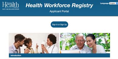 Health Workforce Registry applicant portal sign-in page.