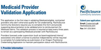 Medicaid Provider Validation Application form details.