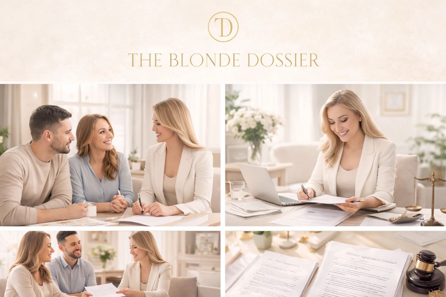 A blonde woman consulting a couple about a divorce agreement in a bright office.