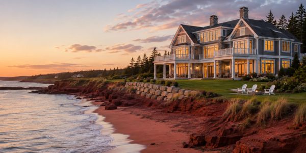 A large house by a red sandy beach at sunset.