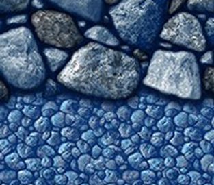 Close-up of textured stone wall and pebble floor in varying blue hues.