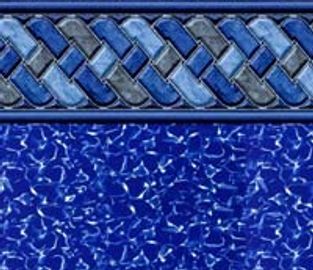 Close-up of a blue mosaic tile pattern with a braided border design.