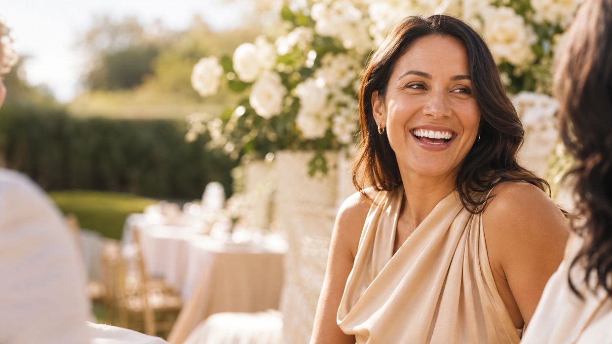 A woman smiling joyfully at an outdoor gathering.