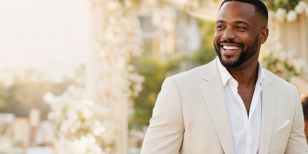 Man smiling at an outdoor event in beige suit.