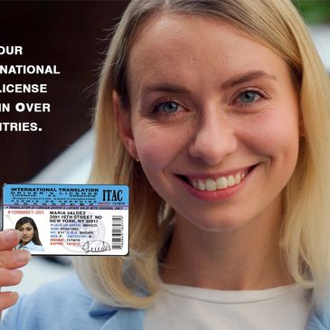 Smiling woman holding an ITAC International Driver's License, accepted in over 200 countries.