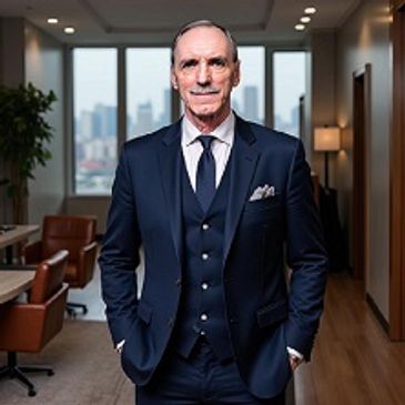 Confident older man in a tailored navy suit standing in a modern office.