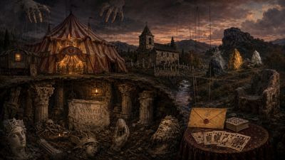 Eerie carnival and ancient ruins under a dark, ominous sky.
