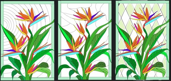 Stained glass designs of Bird of Paradise flowers.