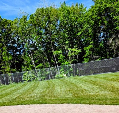 A sunny baseball field with green grass and a black fence.