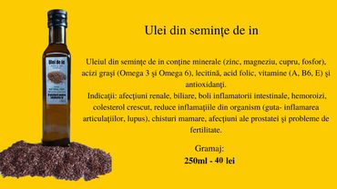 Bottle of cold-pressed flaxseed oil and its health benefits in Romanian.