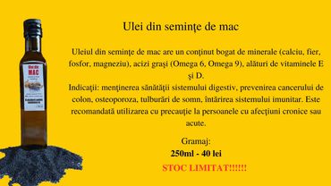 Bottle of natural poppy seed oil with health benefits described in Romanian.
