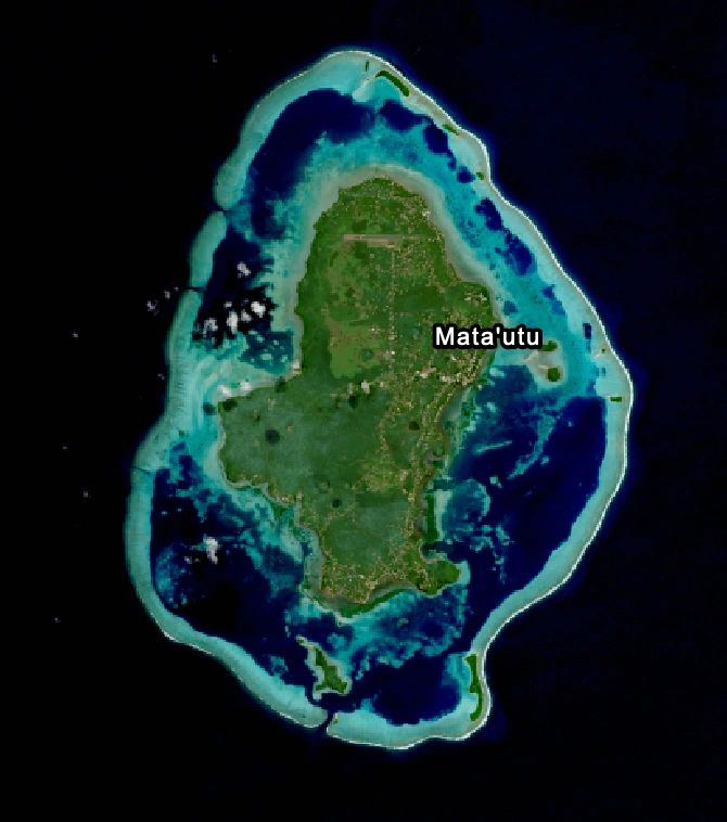 Satellite view of an island with the label Mata'utu.