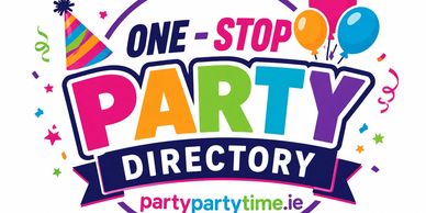 Colorful logo for One-Stop Party Directory with balloons and party hat.