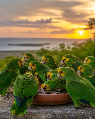 A flock of Bonaire’s yellow-shouldered amazons (Lora) gathers at a feeding station.