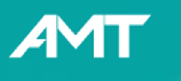 White AMT letters logo on teal background.