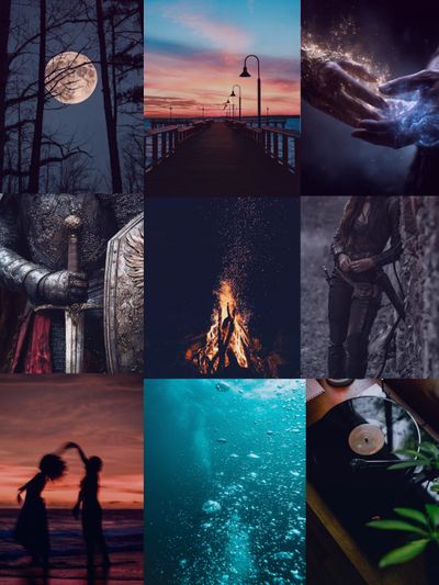Collage of night scenes, medieval knight, underwater bubbles, and romantic sunset.