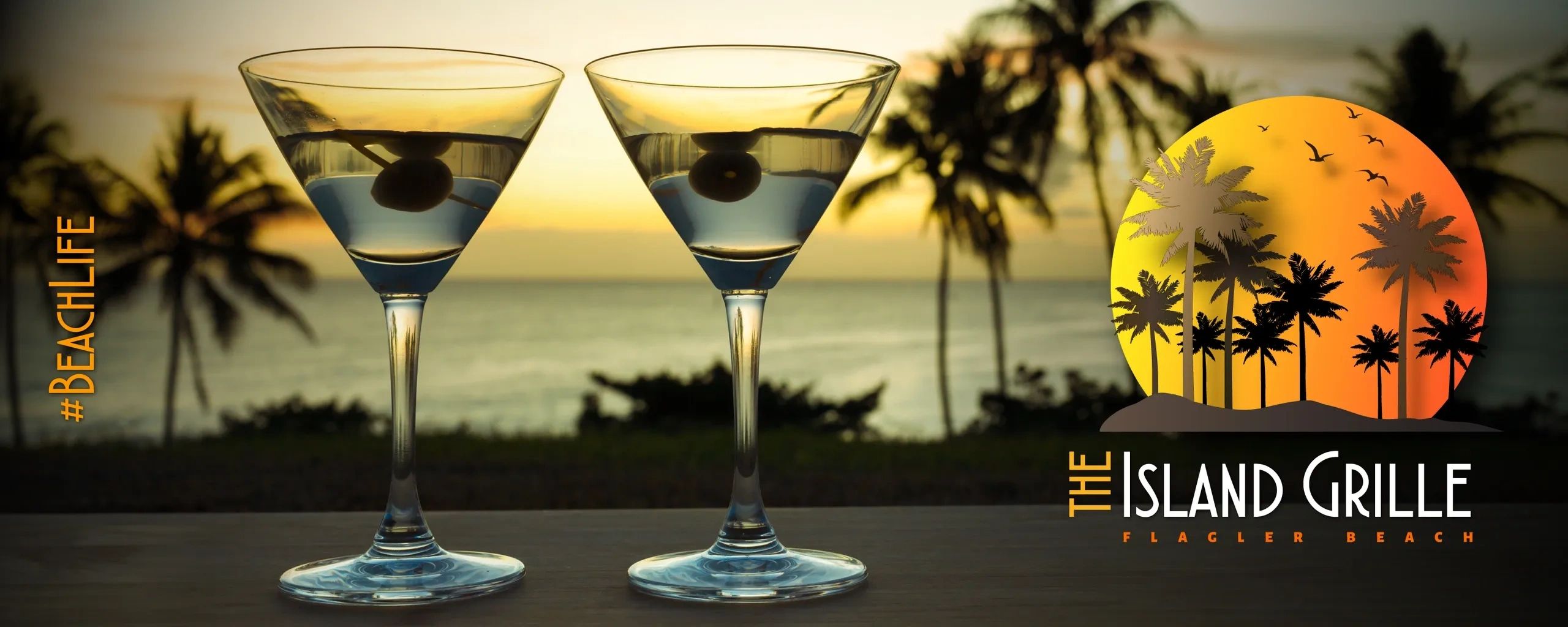 Martini glasses over looking the ocean and beach in Flagler Beach, Florida. The BeachLife at sunset