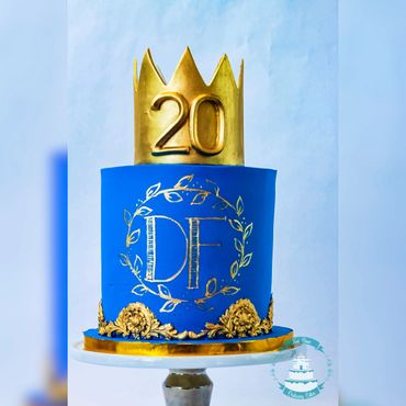 Happy birthday cake. royal blue cake. crown cake. gold cake