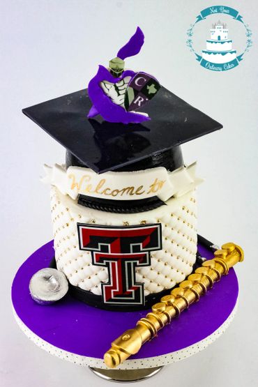 graduation cake, flute topper, highschool cake, Texas Tech cake