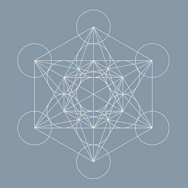 Intricate white geometric pattern on a muted blue background.