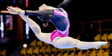 Gymnast, Olivia Ahern, winning the floor exercise gold medal at International Gymnix in Montréal.