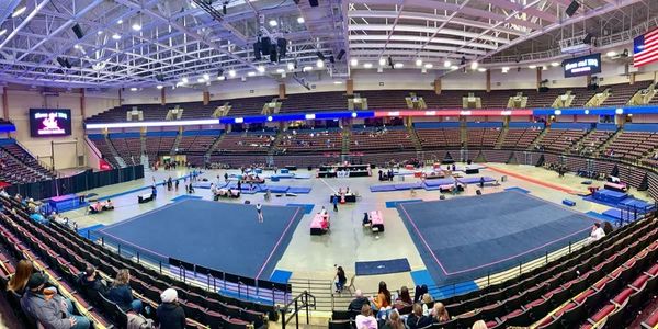 Gymnastics meet equipment in the landers center for the Blues and BBQ Gymnastics Invitational