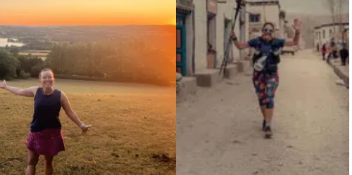 Two women enjoying outdoor adventures, one at sunset on a hill, the other running joyfully through a rustic street.