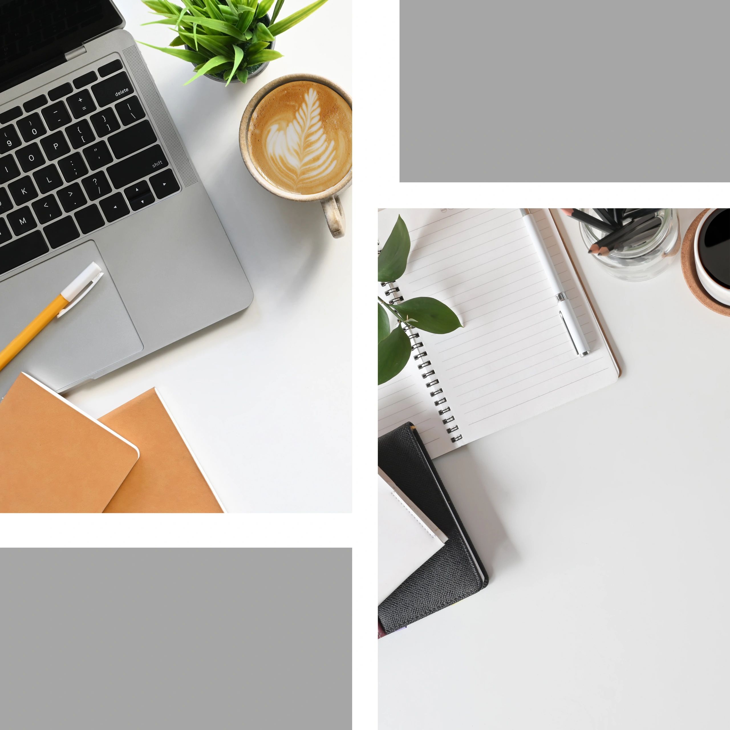 Organized workspace with laptop, notebooks, coffee, and green plants on a white desk.
