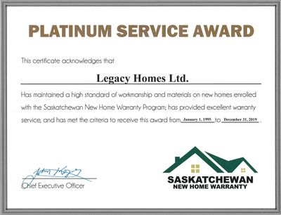 Legacy Homes - Our Reputation Speaks for Itself - Platinum Service Award - Custom Home Builder 
