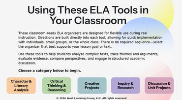 An overview of flexible ELA tools for classroom use with categories for analysis and projects.