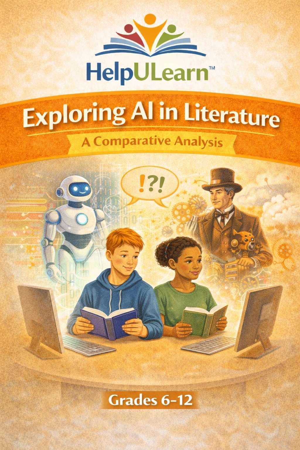 Cover of a book titled 'Exploring AI in Literature' for grades 6-12, featuring kids, a robot, and a Victorian man.