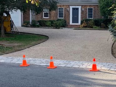 Freshly installed cobblestone apron