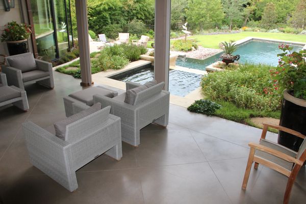 Custom Scored Design for Polished Concrete Exterior Overlay in Dallas Texas