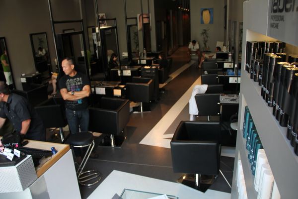 Custom Union Jack resin floor for this high-end salon in Plano Texas, custom flooring designs