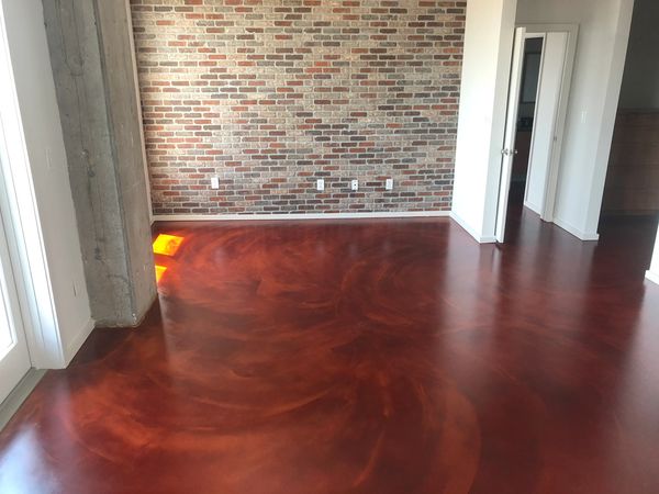 Unique Red Rio Grande Dyed Concrete Overlay Dallas Lofts, Travis at Katy Trail, Ardex SD-M designer