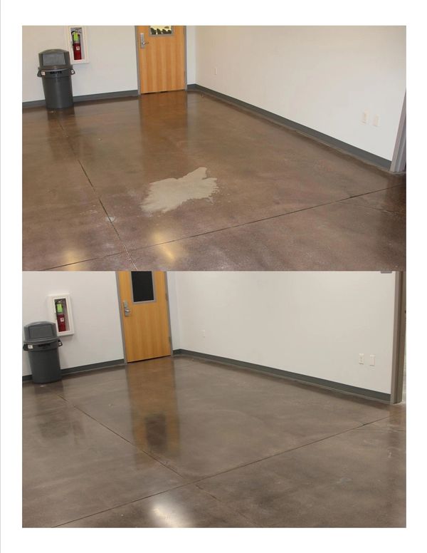 Polished Concrete repair in Old Dominion break room, Dallas, TX, restore color, dye, and re-polished