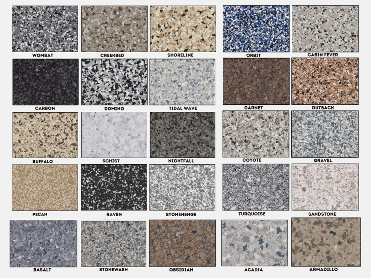 Torginol Mica Chip Flake Color Chart for epoxy and poly flake floor systems, commercial, residential