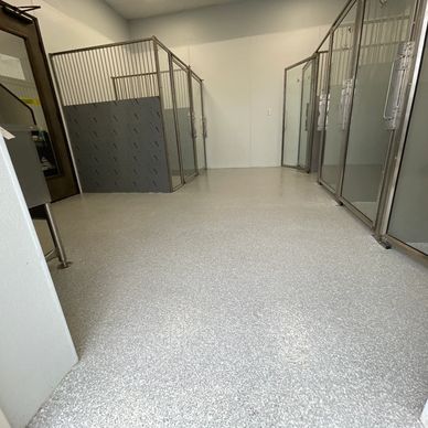 Commercial epoxy chip floors for veterinary clinics and animal wellness centers, chemically resistan