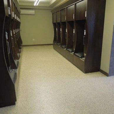 Slip resistant epoxy flooring with vinyl chips for locker rooms, break rooms, wet areas, Commercial