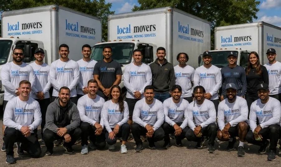 Team of local movers posing in front of their trucks, wearing company shirts.