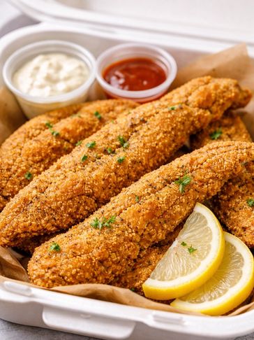 Fried fish with lemon slices.