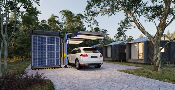 White car parked under a solar panel canopy near modern cabins.