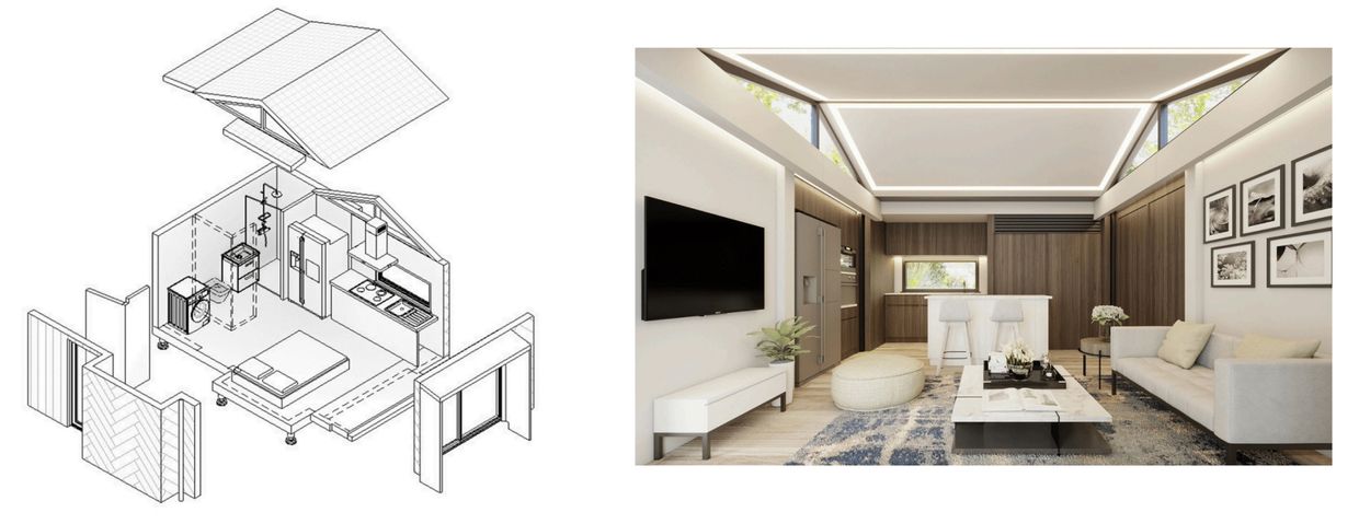 3D architectural plan of a house and a modern living room interior.