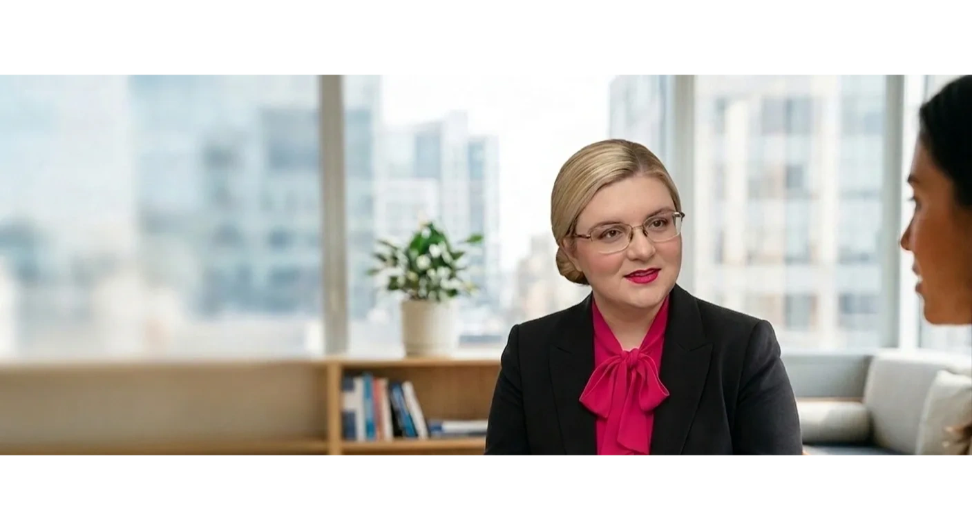 Female executive coach in a one-on-one coaching session in an office.