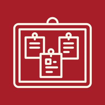 Icon of a bulletin board with three pinned notes on a red background.