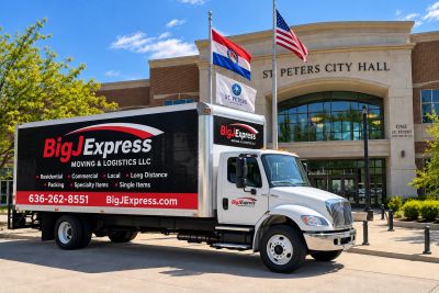 Moving truck parked in front of St. Peters City Hall.